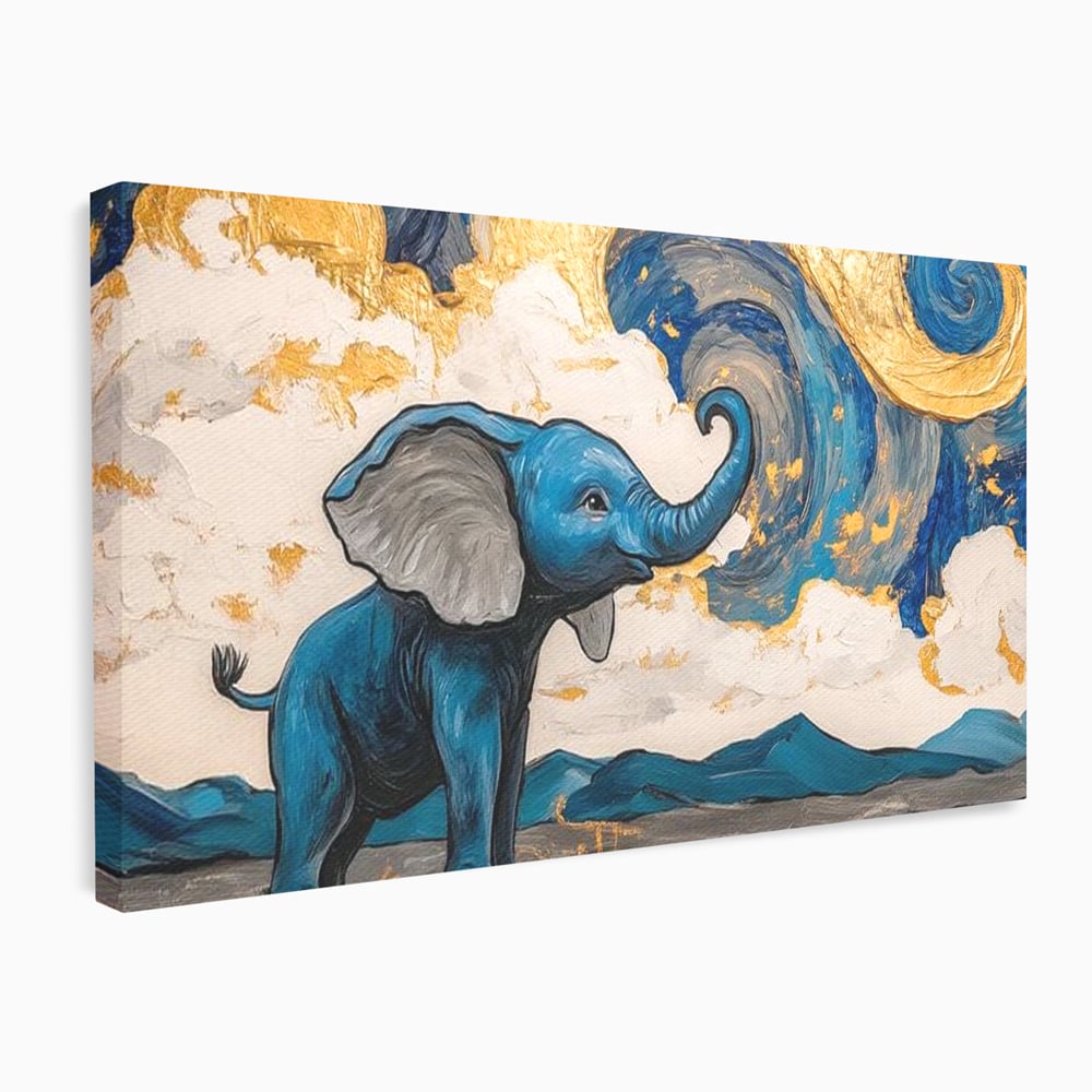 Tablou canvas cu tablou canvas cu elefant albastru, fara rama, pe sasiu de lemn